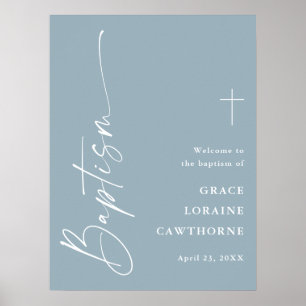 Modern Script Dusty Blue Boys Baptism Welcome Poster
