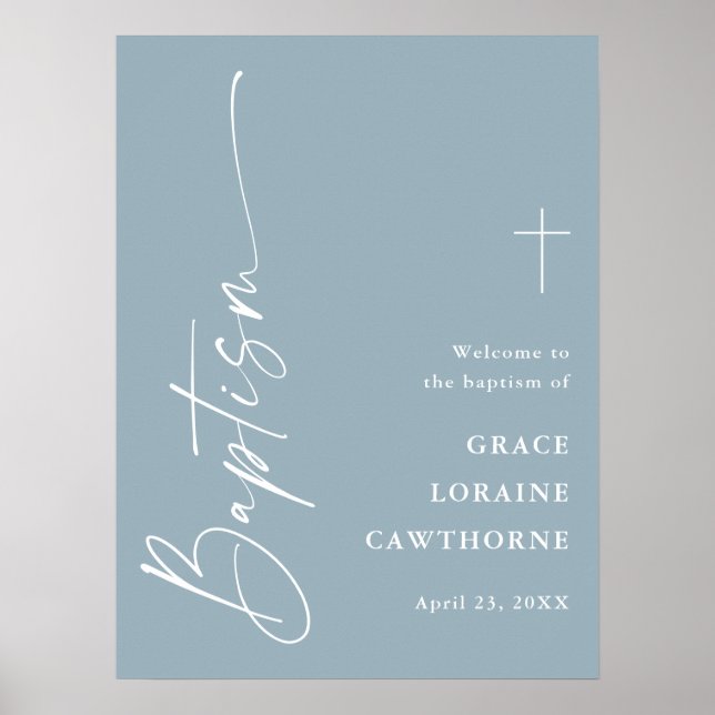 Modern Script Dusty Blue Boys Baptism Welcome Poster (Front)