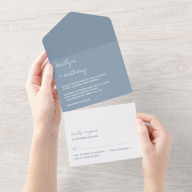 Modern Script Dusty Blue Minimalistic Wedding All In One Invitation (Tearaway)