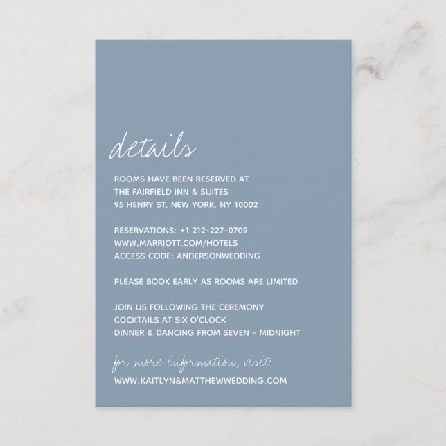 Modern Script Dusty Blue Minimalistic Wedding Enclosure Card (Front)