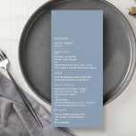 Modern Script Dusty Blue Minimalistic Wedding Menu<br><div class="desc">Celebrate in style with these modern and very trendy wedding menu cards. This design is easy to personalise with your special event wording and your guests will be thrilled when they see these fabulous menus. Matching items can be found in the collection.</div>