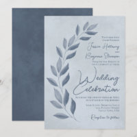 Modern Script Dusty Blue & Pewter Leaves Wedding