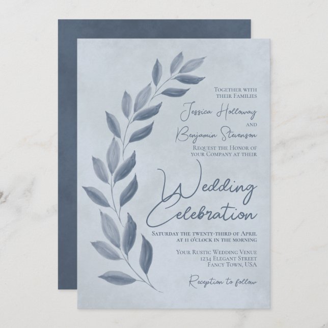Modern Script Dusty Blue & Pewter Leaves Wedding Invitation (Front/Back)