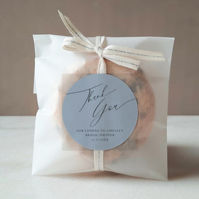 Modern Script Dusty Blue Thank You Bridal Shower Classic Round Sticker (Creator Uploaded)