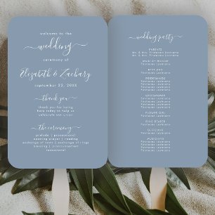 Modern Script Dusty Blue Wedding Program Hand Fan