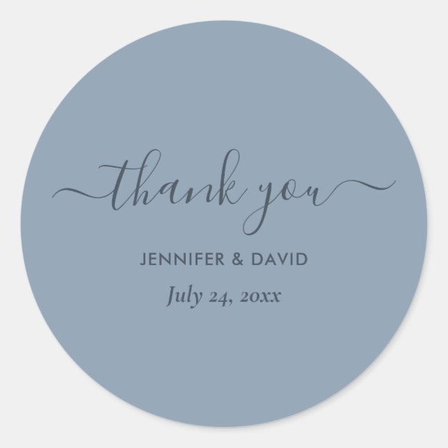 Modern Script Dusty Blue Wedding Thank You Classic Round Sticker (Front)