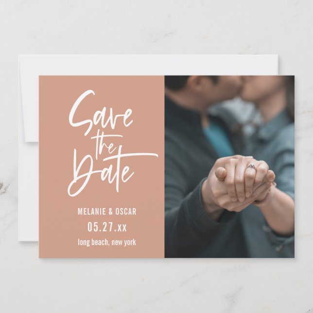Modern Script Dusty Coral Photo Save The Date Announcement (Front)