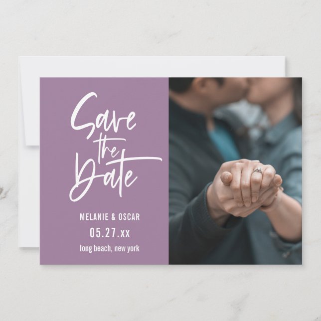 Modern Script Dusty Lavender Photo Save The Date Announcement (Front)