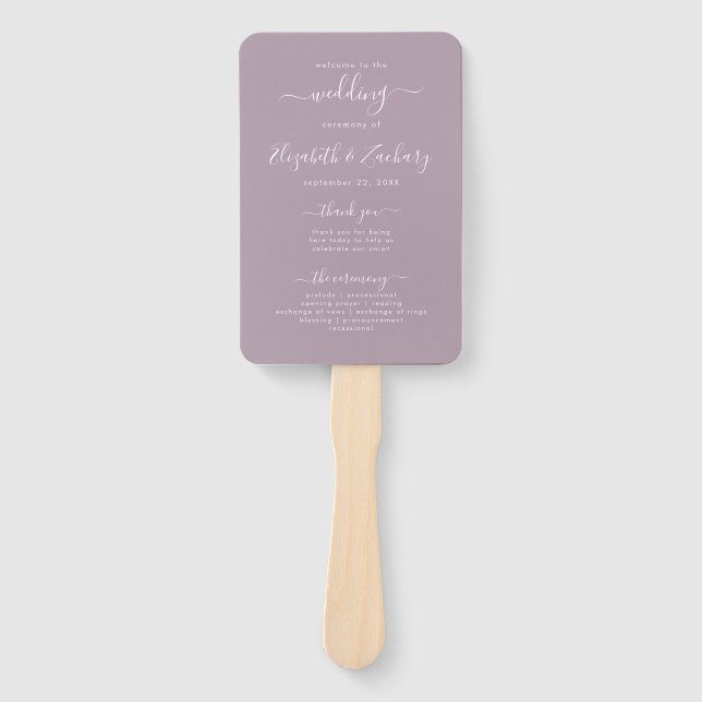 Modern Script Dusty Lavender Wedding Program Hand Fan (Front)