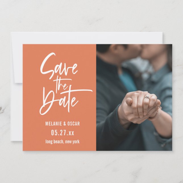 Modern Script Dusty Orange Photo Save The Date Announcement (Front)