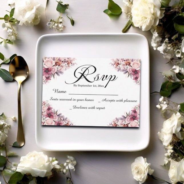 Modern Script Dusty Pink Floral Wedding RSVP Card (Creator Uploaded)