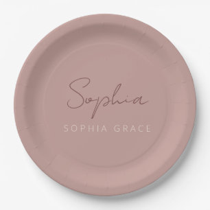 Modern Script Dusty Pink Handwritten Girly Party Paper Plate
