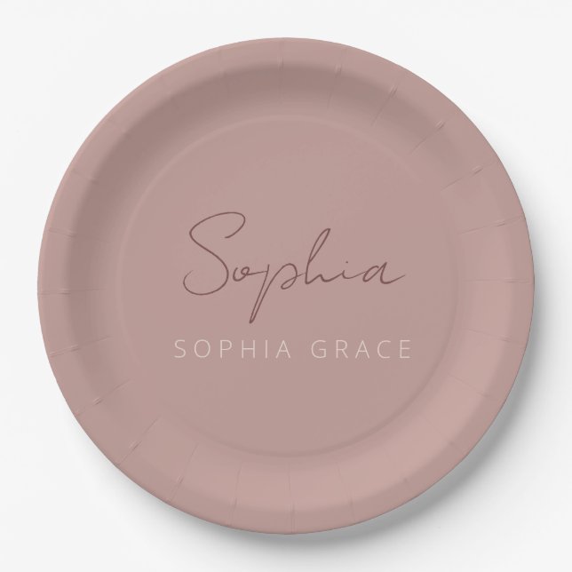 Modern Script Dusty Pink Handwritten Girly Party Paper Plate (Front)