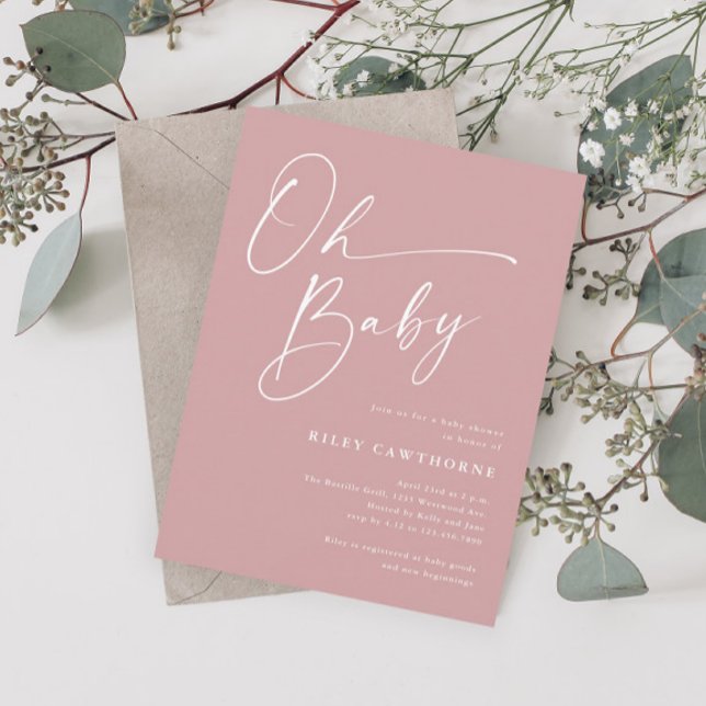 Modern Script Dusty Pink Oh Baby Shower Invitation (Creator Uploaded)