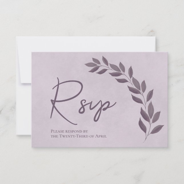 Modern Script Dusty Purple & Plum Leaves Wedding RSVP Card (Front)