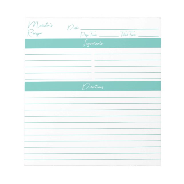 Modern Script Elegant Aqua Personalised Recipes Notepad (Front)