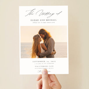 Modern Script Elegant Beach Wedding Photo Invitation