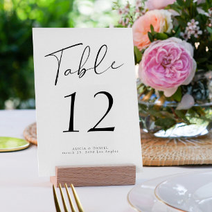Modern script elegant black and white wedding table number