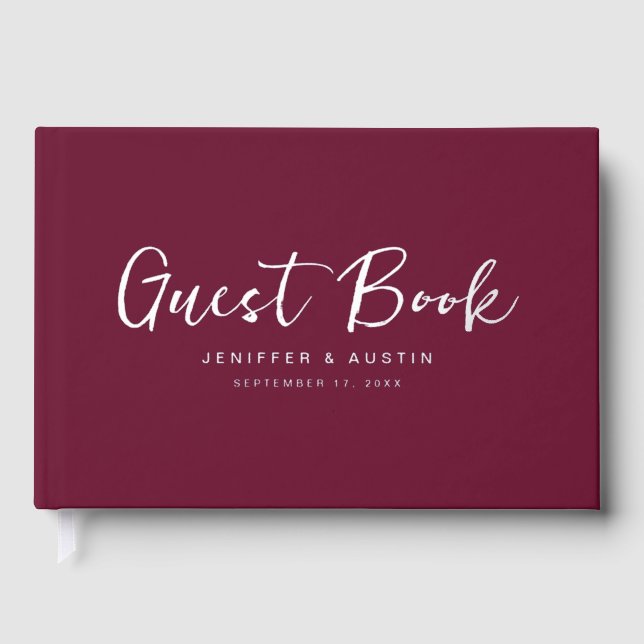 Modern Script Elegant Burgundy Wedding Guest Book (Front)