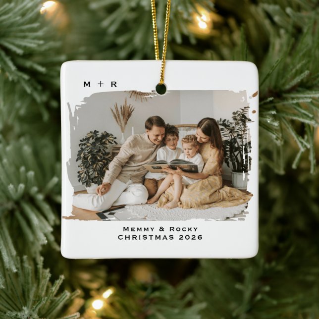 Modern Script Elegant Engagement Photo Keepsake Ceramic Ornament (Tree)