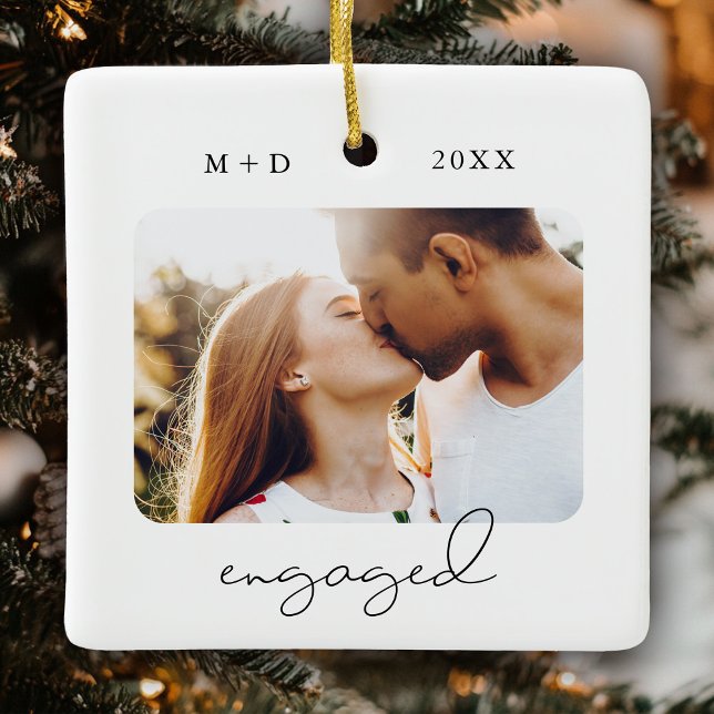 Modern Script Elegant Engagement Photo Keepsake Ceramic Ornament (Creator Uploaded)