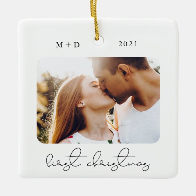 Modern Script Elegant Engagement Wedding Photo Ceramic Ornament (Front)