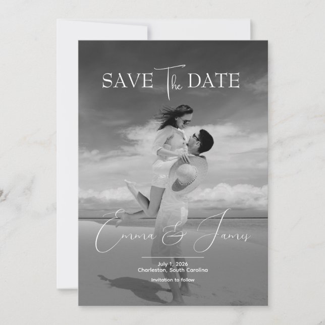 Modern Script Elegant Greyscale Wedding Photo Save The Date (Front)