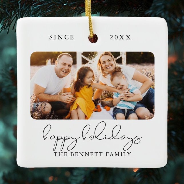 Modern Script Elegant Happy Holidays Photo Ceramic Ornament (Creator Uploaded)