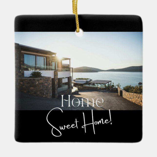 Modern Script Elegant New Sweet Family Home Photo  Ceramic Ornament (Front)