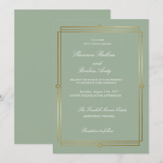 Modern Script Elegant Sage Green & Gold  Wedding Invitation