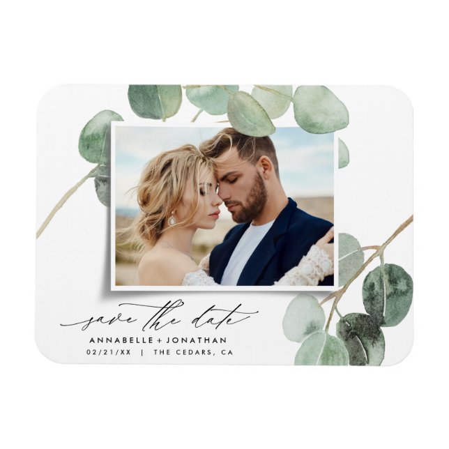 Modern script elegant vintage photo eucalyptus inv magnet (Horizontal)