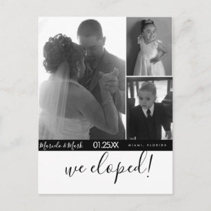 Modern Script Eloped Black White Photo Collage Postcard