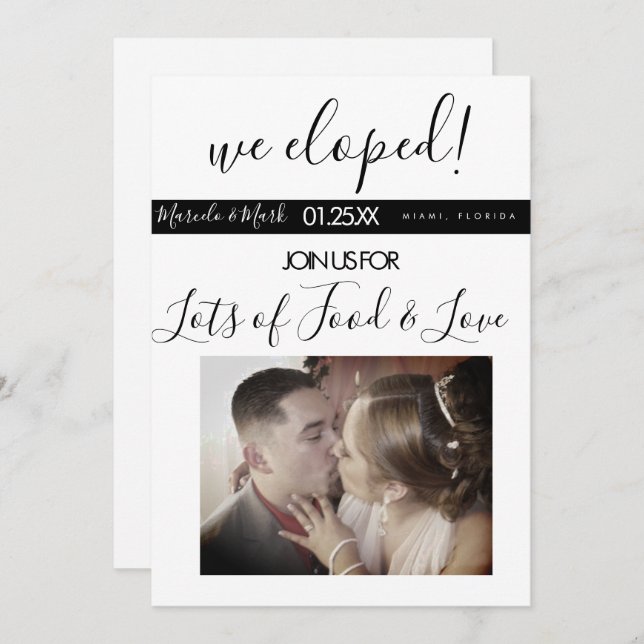 Modern Script Eloped Black White Photo Dinner Card (Front/Back)
