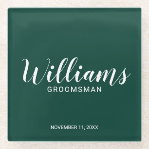 Modern Script Emerald Green Personalised Groomsman Glass Coaster