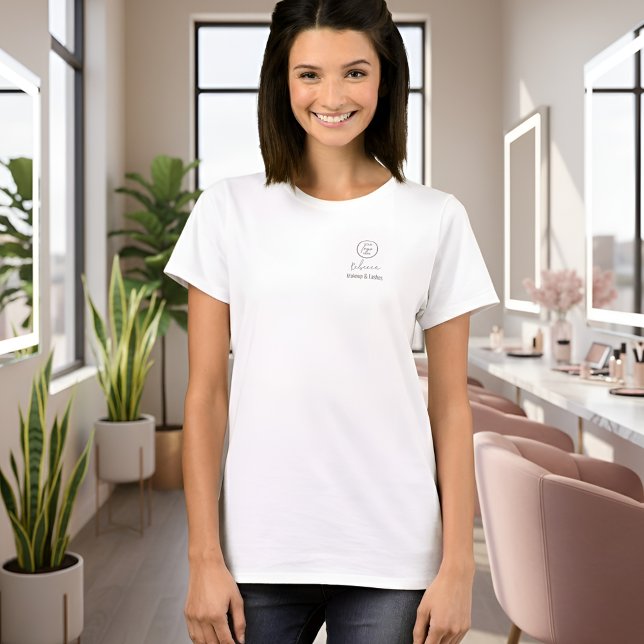 Modern Script Employee Name Makeup Studio Logo  T-Shirt (Modern employee name apparel with script text with space for your logo)