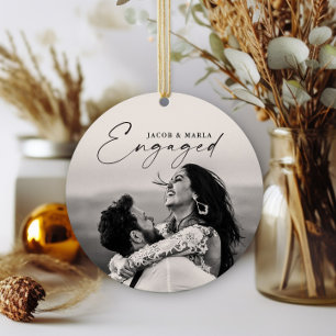 Modern Script Engaged 2 Photo Wedding Engagement Ceramic Ornament