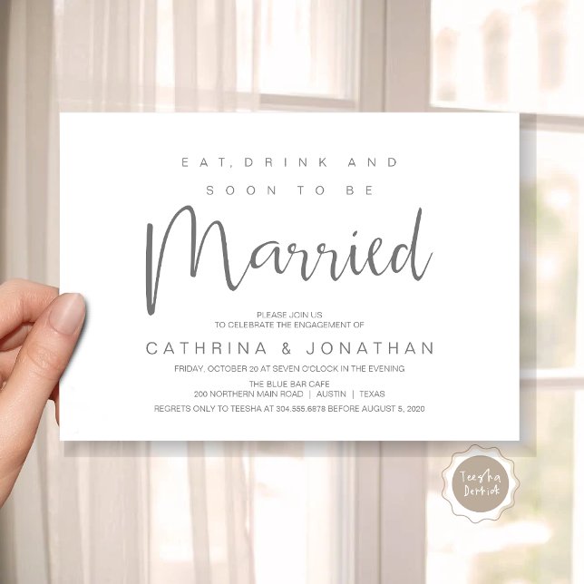 Modern Script, Engagement Dinner Party Celebration Invitation (Modern Script, Engagement Dinner Party Invitation Card, Eat, Drink, Soon To Be Married, Dark Grey)