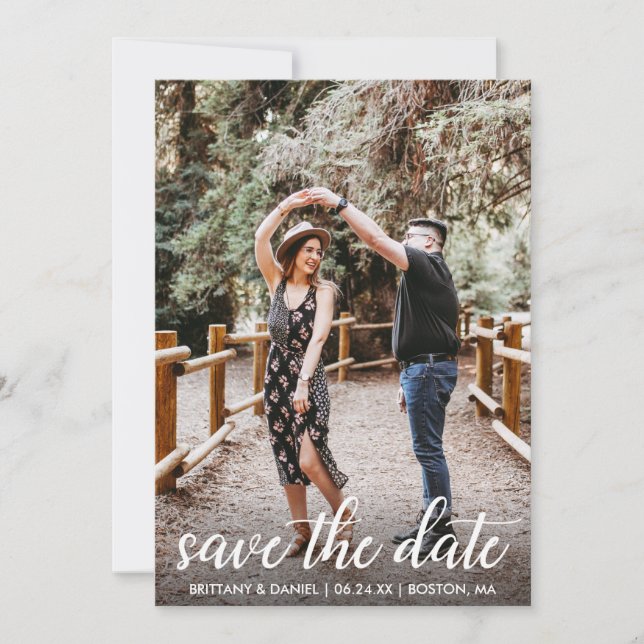 Modern Script Engagement Photo Save The Date (Front)