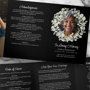 Modern Script Eucalyptus 2-Photo Funeral/Memorial Tri-Fold Programme