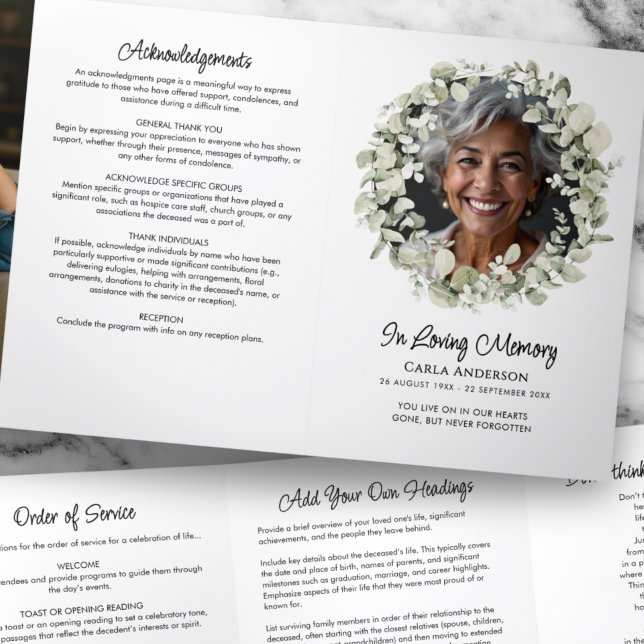Modern Script Eucalyptus 2-Photo Funeral/Memorial Tri-Fold Programme (Creator Uploaded)