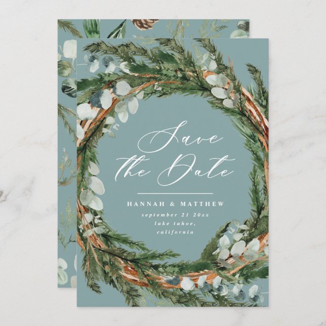 Modern script eucalyptus elegant wedding save the date (Front/Back)