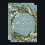 Modern script eucalyptus elegant wedding save the date<br><div class="desc">Modern script and eucalyptus foliage wreath elegant wedding save the date card. Modern minimal stylish design. All colours can be customised.</div>