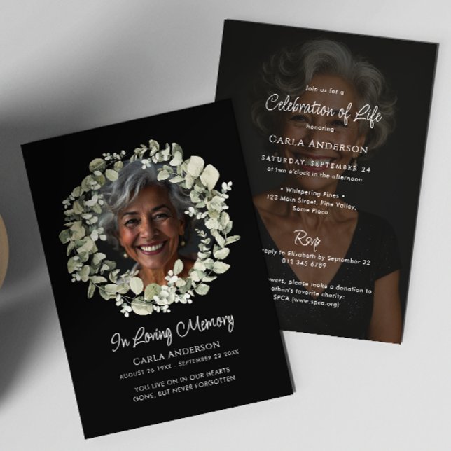 Modern Script Eucalyptus Photo Funeral/Memorial Invitation (Creator Uploaded)