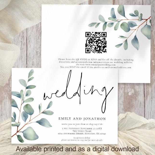 Modern Script Eucalyptus QR Code Wedding Invitation (Front and back view)