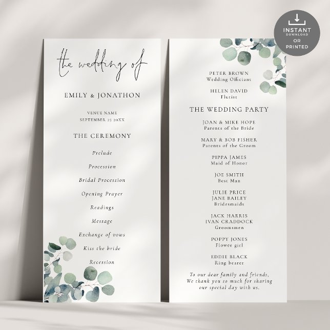 Modern Script Eucalyptus Wedding Program (Front and back view)