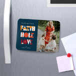 Modern Script Faith Hope Love Photo Holiday Magnet<br><div class="desc">Modern contemporary script "faith hope love" coupled with a serif script font for your personalisation creating a super modern and colourful holiday design. You can choose between two different background colour options; navy blue and orange. Check out our store for more items from this collection.</div>