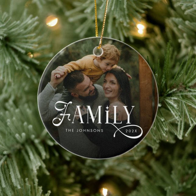 Modern Script Family Custom Photo Name  Ceramic Ornament (Tree)