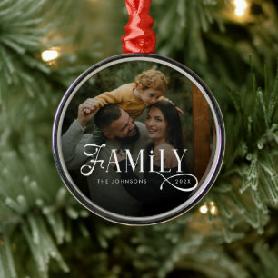 Modern Script Family Custom Photo Name Metal Ornament