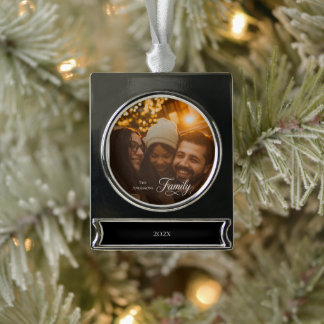 Modern Script Family Custom Photo Name Silver Plated Banner Ornament