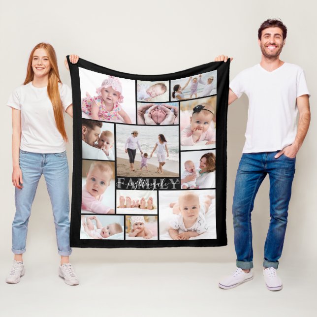 Modern Script Family Name 13 Photo Collage Fleece Blanket (In Situ)